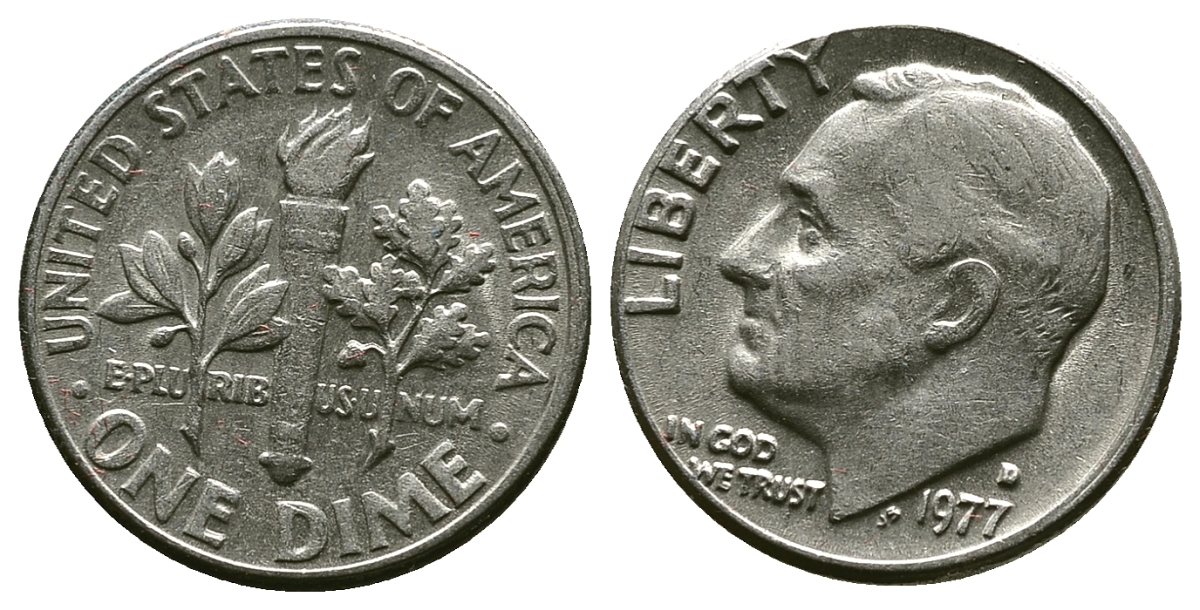 США 10 ЦЕНТОВ = 1 ДАЙМ 1977 D, РУЗВЕЛЬТ KM 195а медь плакированная медно-никелем 4383-467