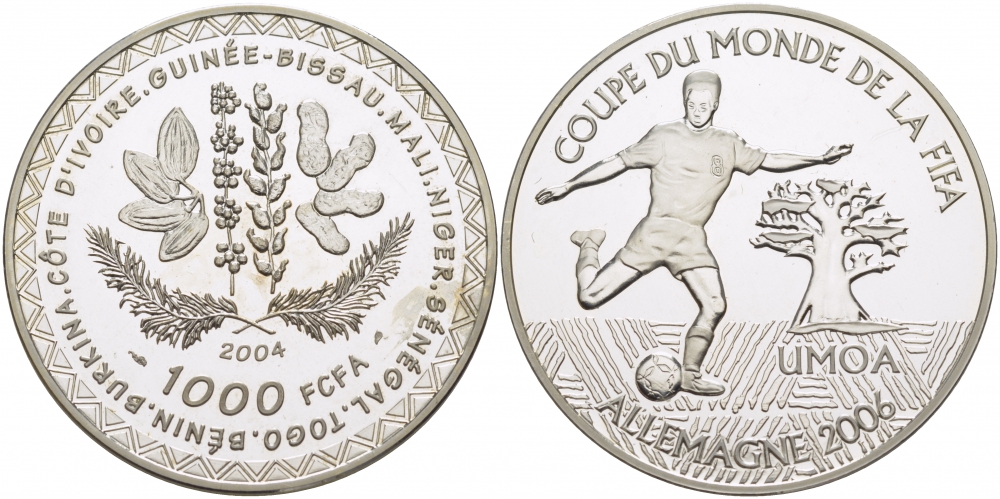 Валютное сообщество стран Западной Африки 1000 франков 2004 чемпионат мира по футболу в Германии 2006 FIFA KM 17 серебро PROOF 06-204-35