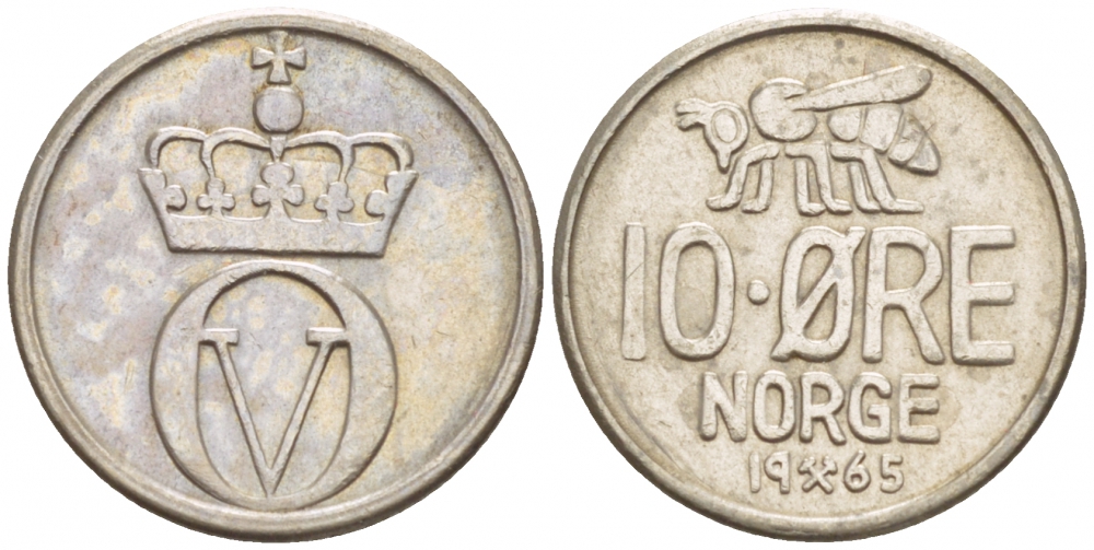НОРВЕГИЯ 10 ЭРЕ 1965 ПЧЕЛА KM 411 медно-никель 4547-1041