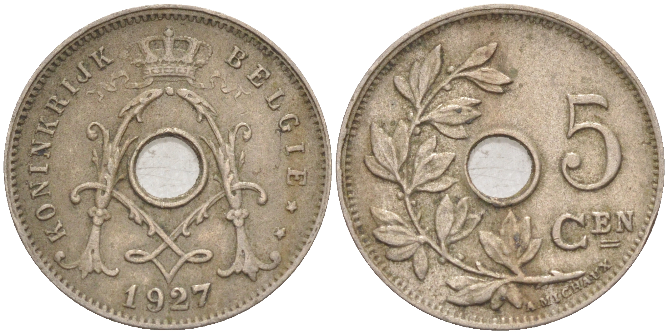 БЕЛЬГИЯ 5 САНТИМОВ 1927 BELGIE KM 67 медно-никель 187-958