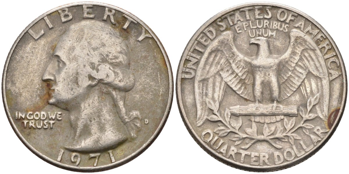 США 25 центов (квотер) 1971 D, Вашингтон KM 164a медь плакированная медно-никелем 4584-1013