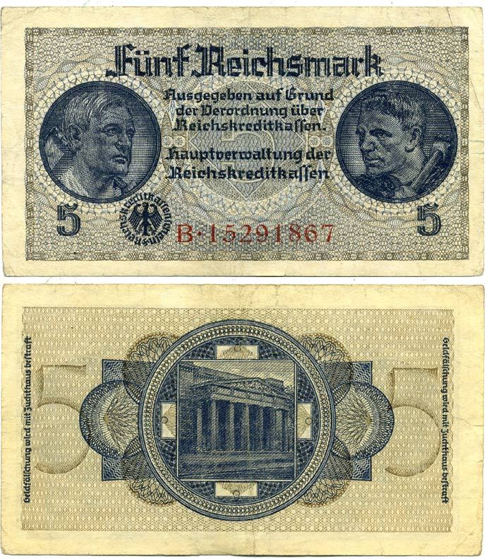ГЕРМАНИЯ 5 РЕЙХСМАРОК 1940-1945 ДЛЯ ОККУПИРОВАННЫХ ТЕРРИТОРИЙ Pick R138b бумага 3295-89-2-2