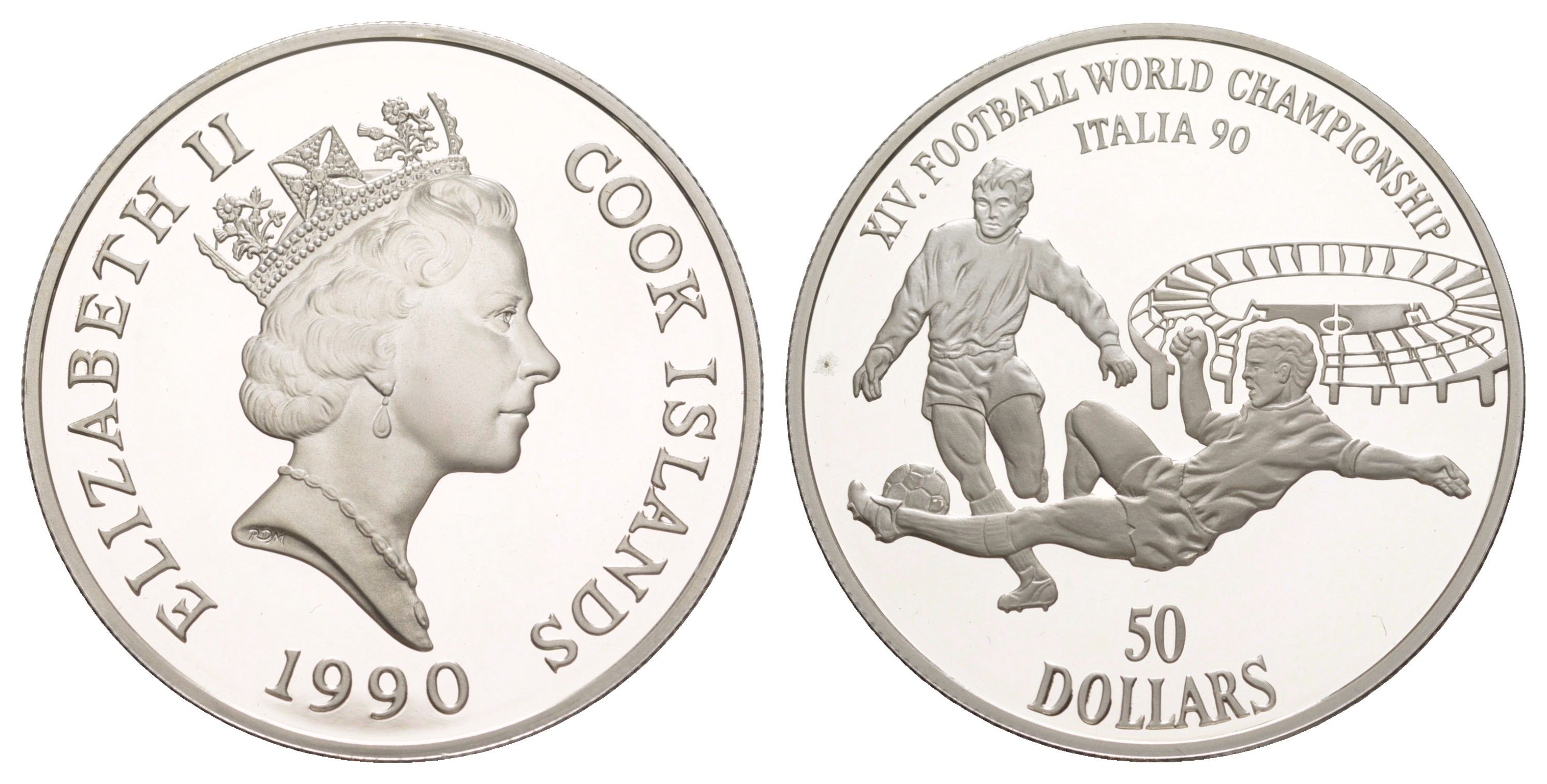Острова Кука 50 долларов 1990 Чемпионат мира по футболу 1990, Италия KM 265 серебро PROOF 1083-2-52