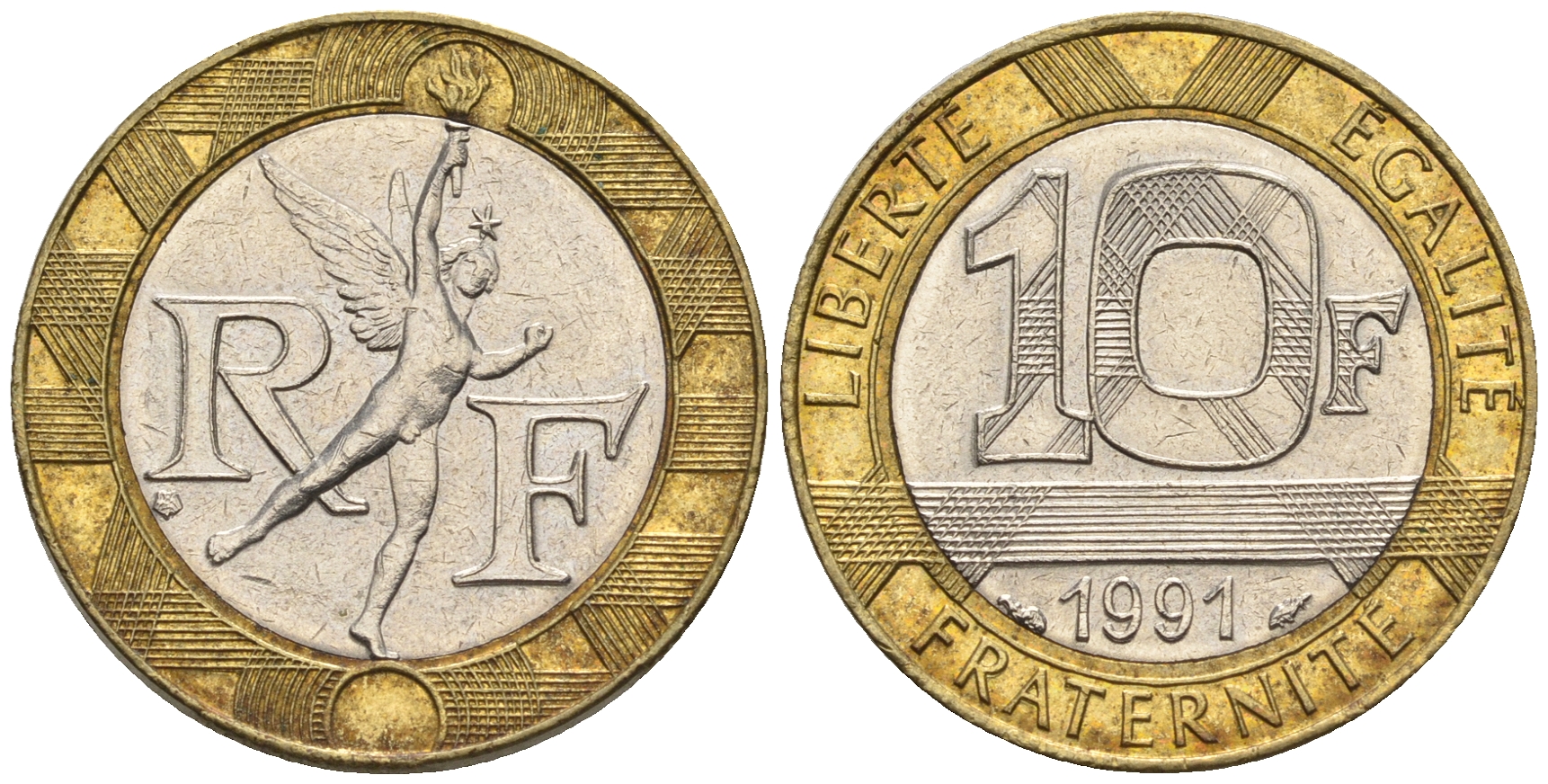 Франция 10 франков 1991 тип гений Бастилии KM 964.1, Le Frank 375.6 биметалл 85-132