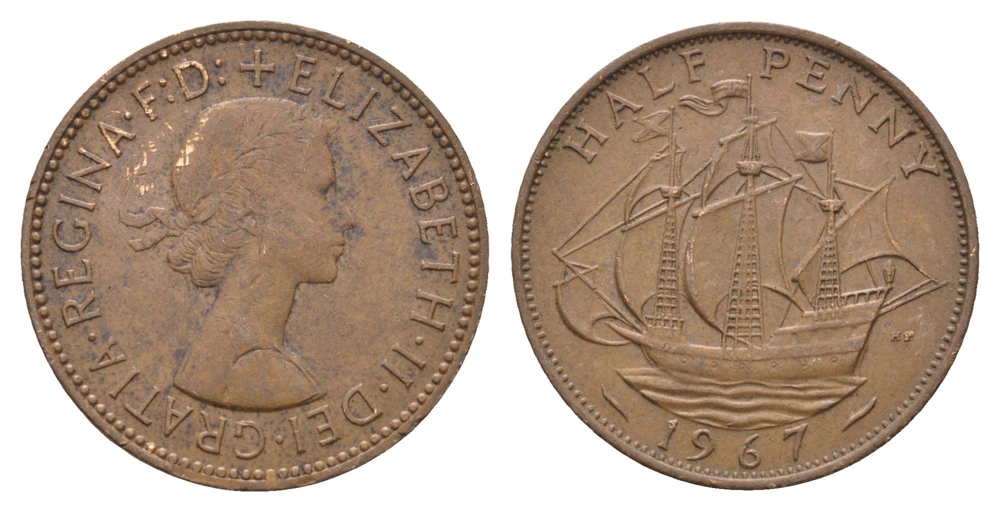 Великобритания 1/2 пенни 1967 Елизавета II (1952-2022) KM 896, Spink 4158 бронза 4663-132