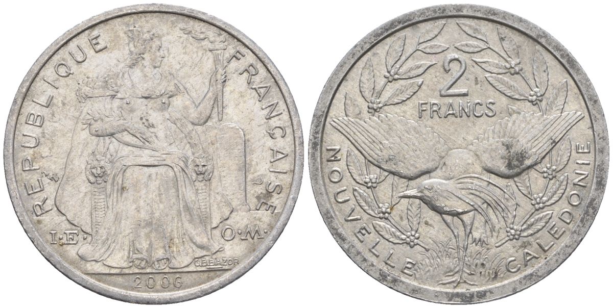 Французская Новая Каледония 2 франка 2006 птица кагу, (IEOM) KM 14, Schoen 11, Lec 68k алюминий    28-1235