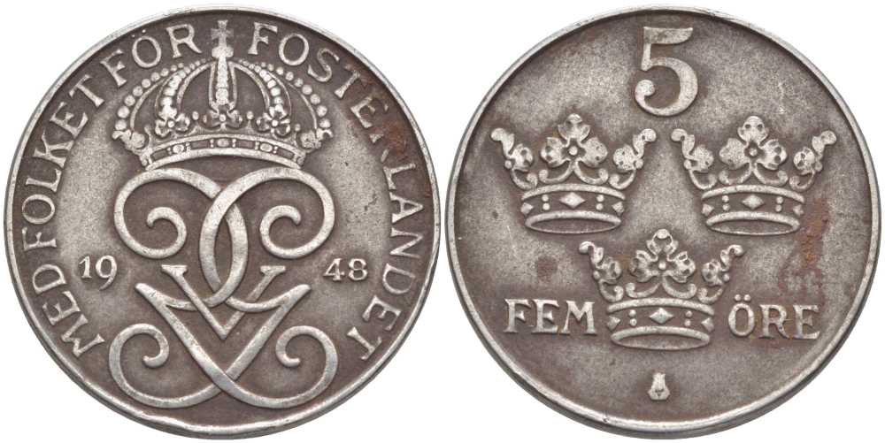 Швеция 5 эре 1948 Густав V (1907-1950) KM 812 железо 115-925
