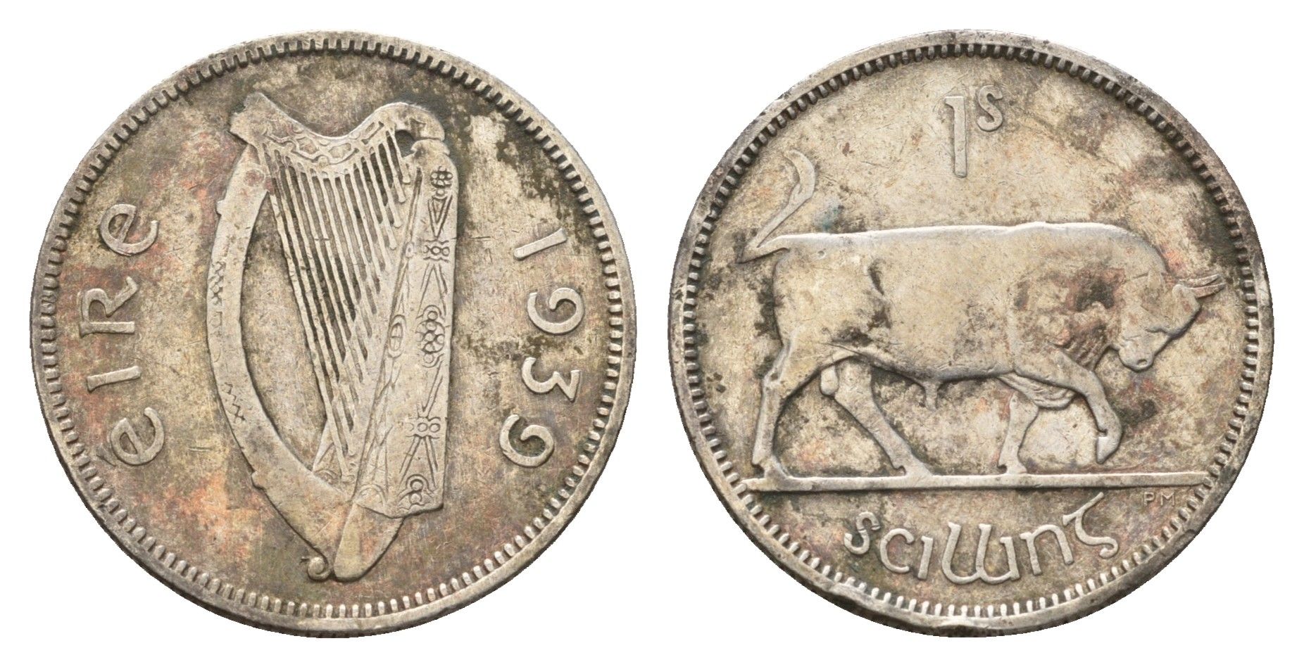 Ирландия 1 шиллинг 1939 бык KM 14 серебро 4671-546