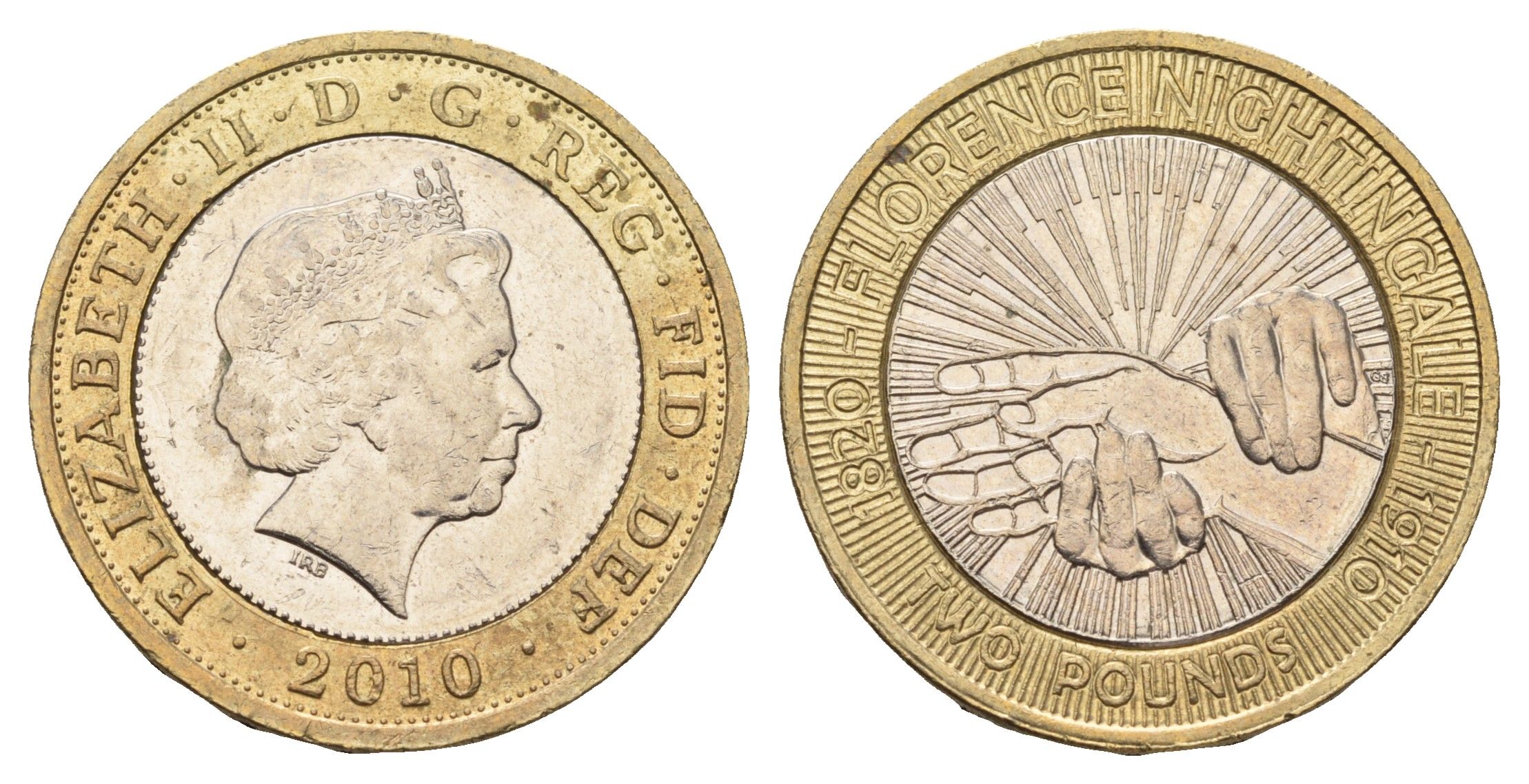 Великобритания 2 фунта 2010 Елизавета II (1952-2022), 100 лет со дня смерти Флоренс Найтингейл KM 1160, Spink K26 биметалл 4111-1114