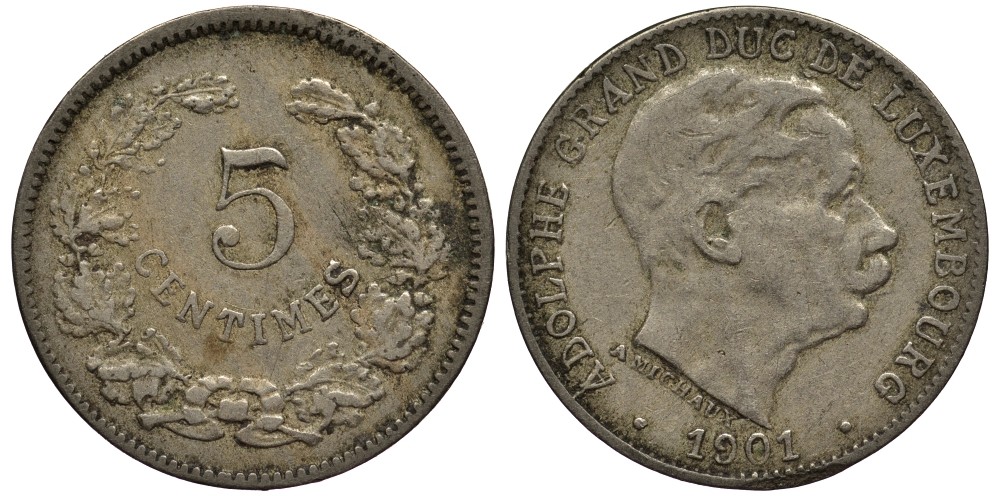 Люксембург 5 сантимов 1901 герцог Адольф (1890-1905) KM 24 медно-никель 4528-269