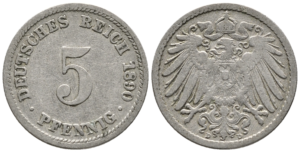 ГЕРМАНИЯ 5 ПФЕННИГОВ 1890 D KM 11, J. 12 медно-никель 39-636