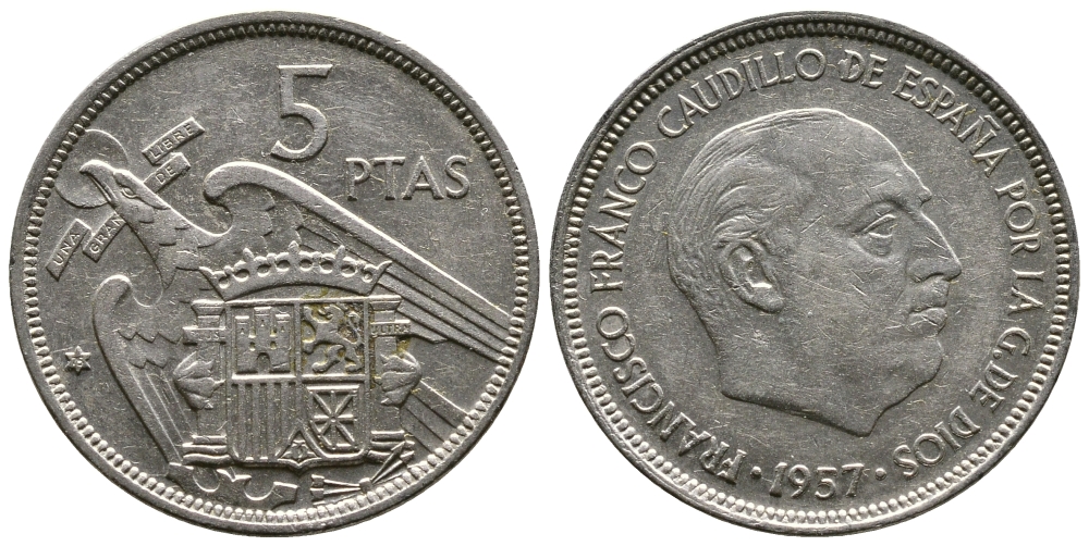 Испания 5 песет 1957 (75) Франциско Франко (1939-1975) KM 786 медно-никель 4110-1513
