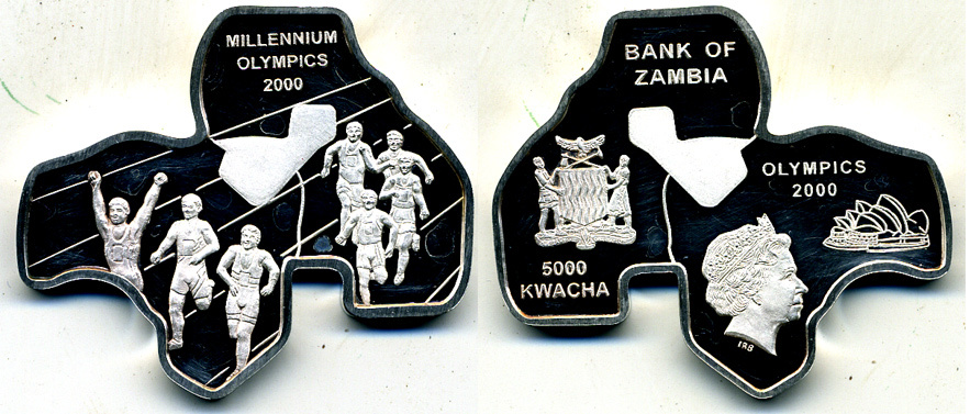 Замбия 5000 квача 2000 миллениум, Олимпийский игры 2000 года, Сиднейская опера, Елизавета II KM 115 серебро PROOF 1071-9-23
