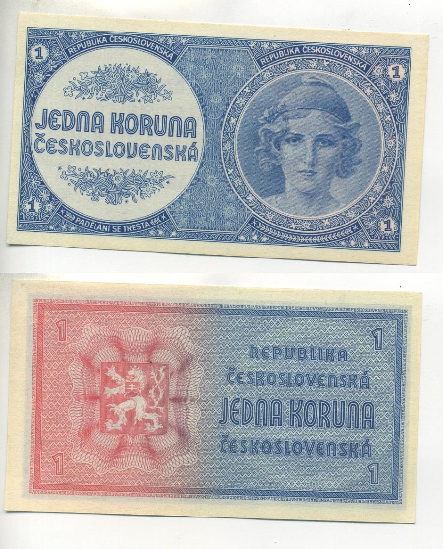 ЧЕХОСЛОВАКИЯ 1 КРОНА 1946 Pick 58а бумага UNC (ПРЕСС) 7485-62-3