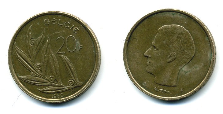 БЕЛЬГИЯ 20 ФРАНКОВ 1980 BELGIE, БОДУЭН I (1951-1993) KM 160 никель бронза 25-1551