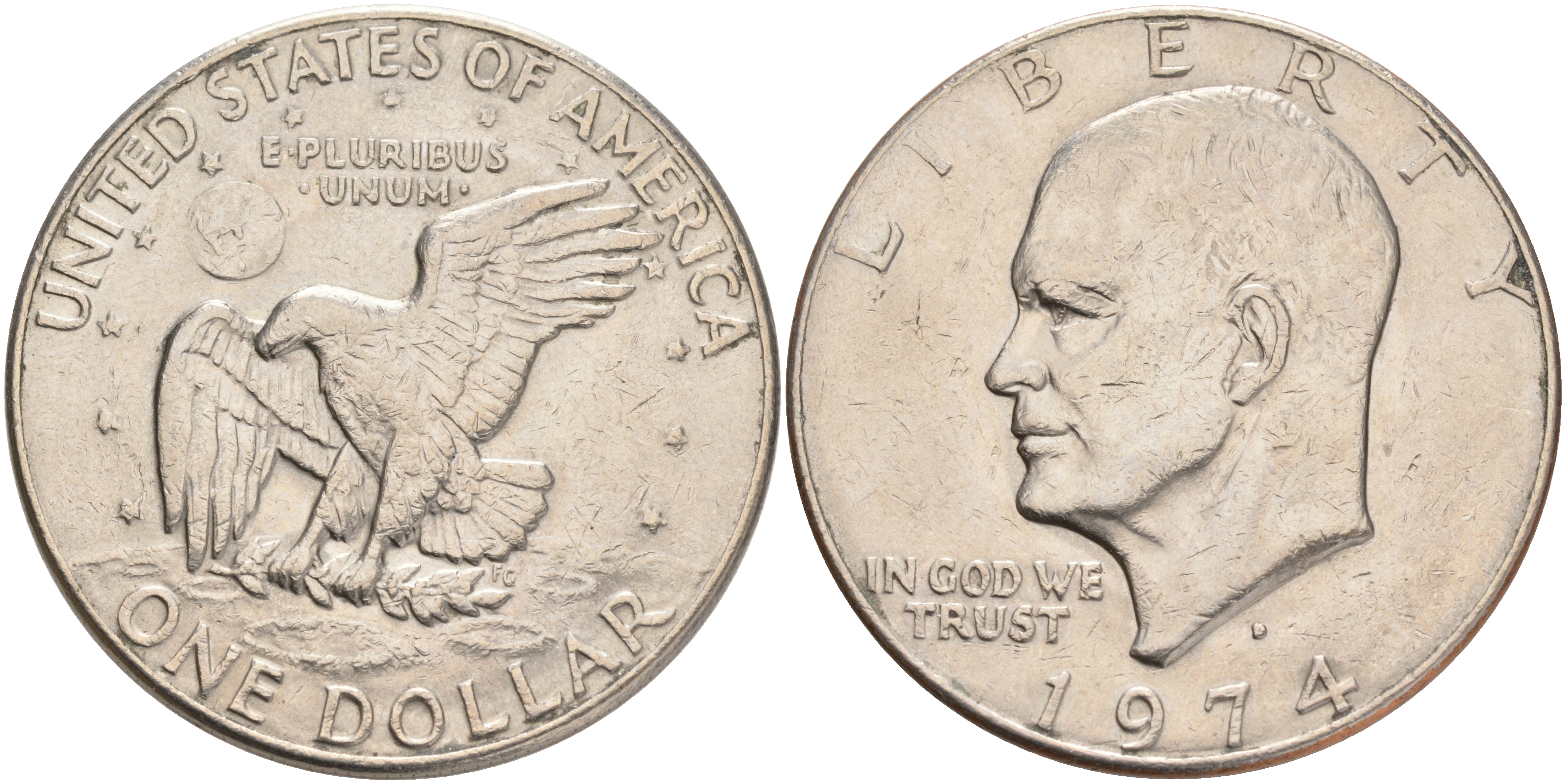 США 1 доллар 1974 D, Президент Эйзенхауэр, лунный орел KM 203 медь плакированная медно-никелем 4558-114