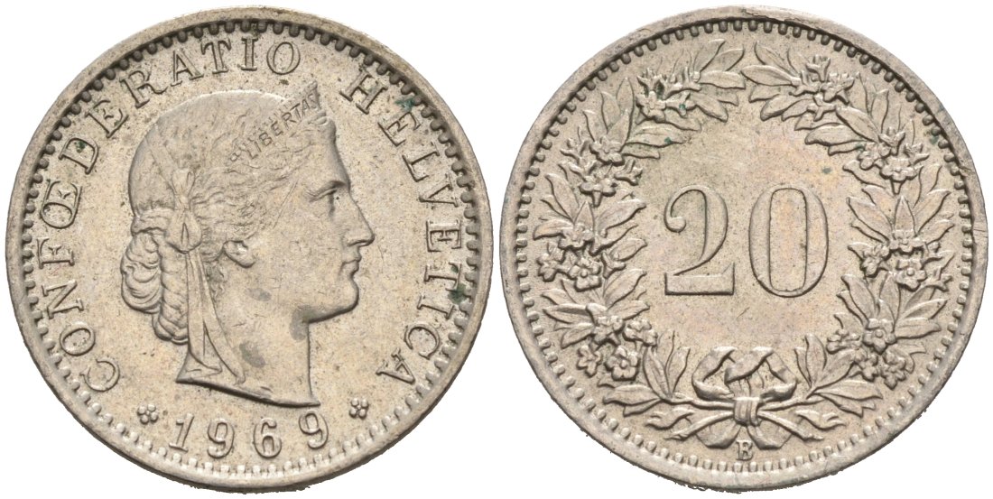 Швейцария 20 раппенов 1969 В KM 29а медно-никель 4566-1223