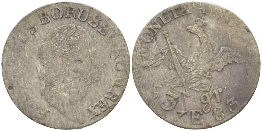 Польша, Восточная Пруссия 3 гроша 1783 Е, Фридрих II Прусский (1740-1786), вес 1,44 гр., монетный двор Кенигсберг KM 21 серебро 1517-1223