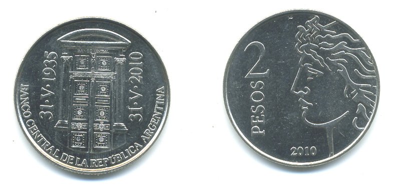 Аргентина 2 песо 2010 75 лет Центральному Банку KM 162 медно-никель UNC 36-112