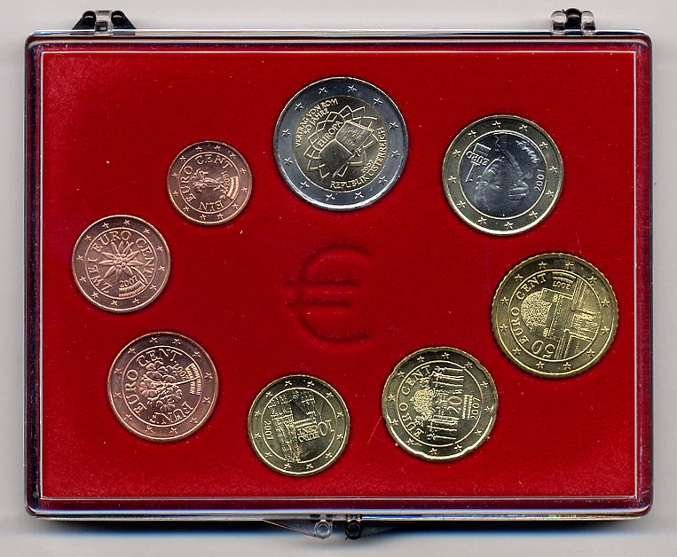 АВСТРИЯ ЕВРОНАБОР 2007 ВКЛЮЧАЕТ 2 ЕВРО 2007 РИМСКИЙ ДОГОВОР, планшет UNC 6-5-14