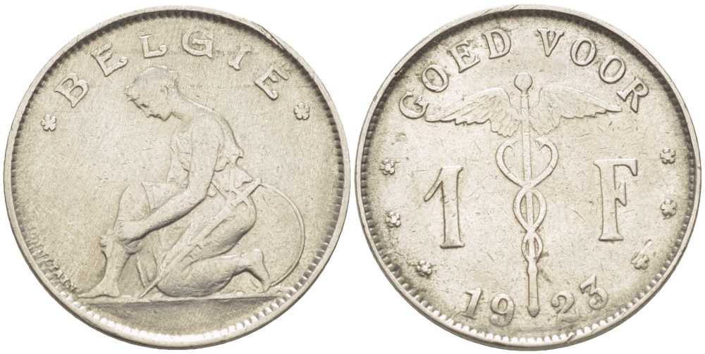 Бельгия 1 франк 1923 Belgie, Альберт I (1909-1934) KM 90 никель 202-922