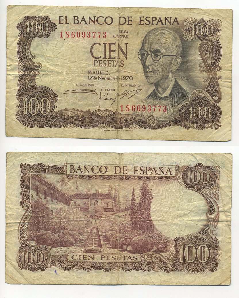 Испания 100 песет 1970 Мануэль де Фалья, летняя резиденция Мавританских королей в Гренаде Pick 152а  бумага 7218-49-1
