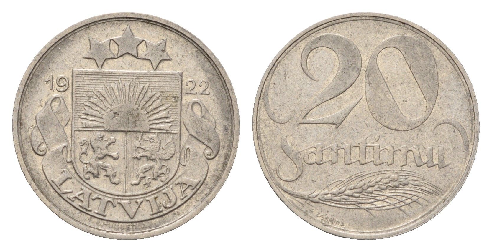 Латвия 20 сантимов 1922 год-тип KM 5 никель 4684-152