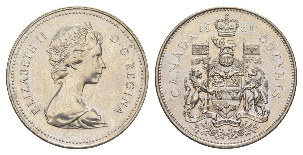 Канада 50 центов 1981 Елизавета II (1952-2022), герб KM 75 никель UNC 4631-1015