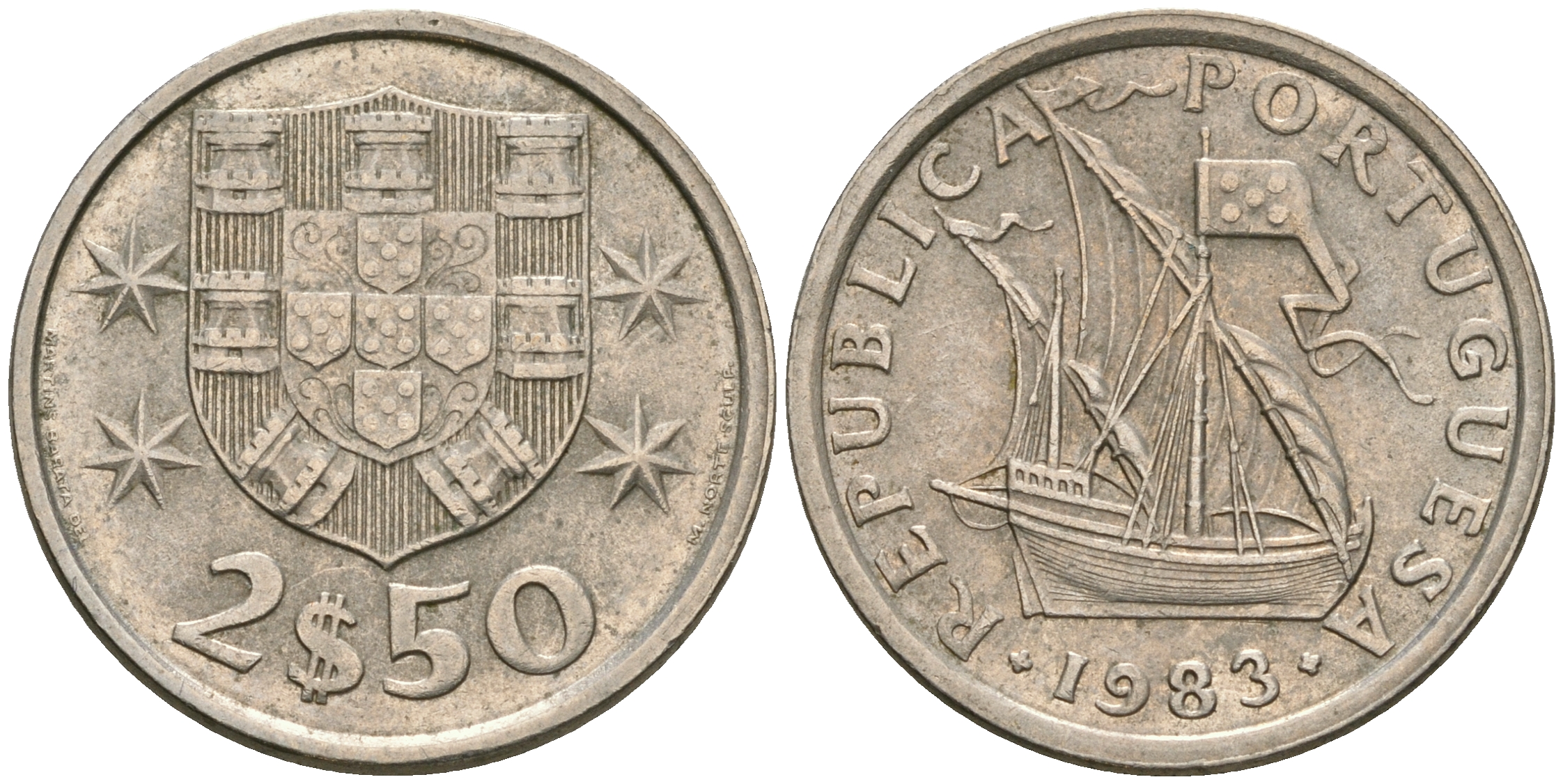 Португалия 2,5 эскудо 1983 парусник KM 590 медно-никель 08-1321