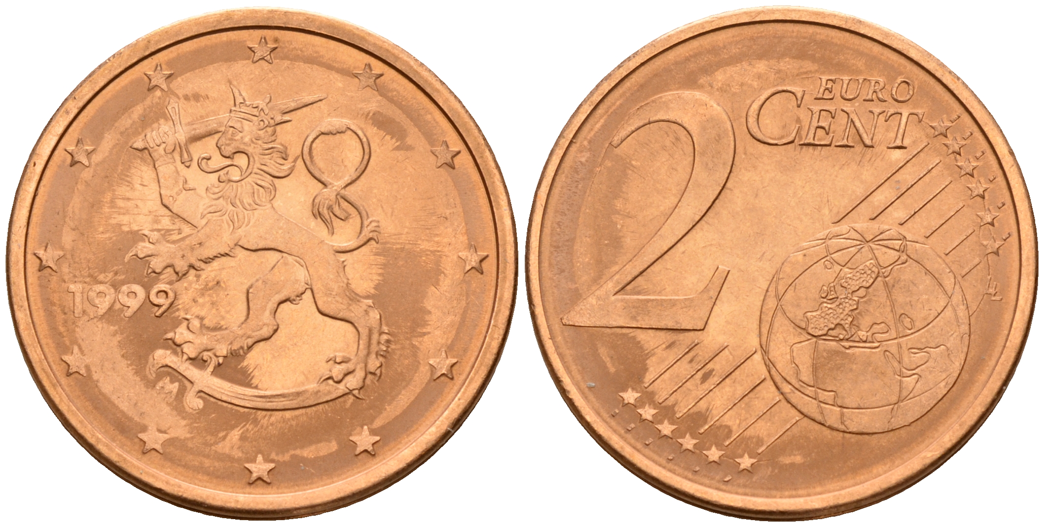 Финляндия 2 евроцента 1999  KM 99 сталь плакированная медью  UNC  4160-343