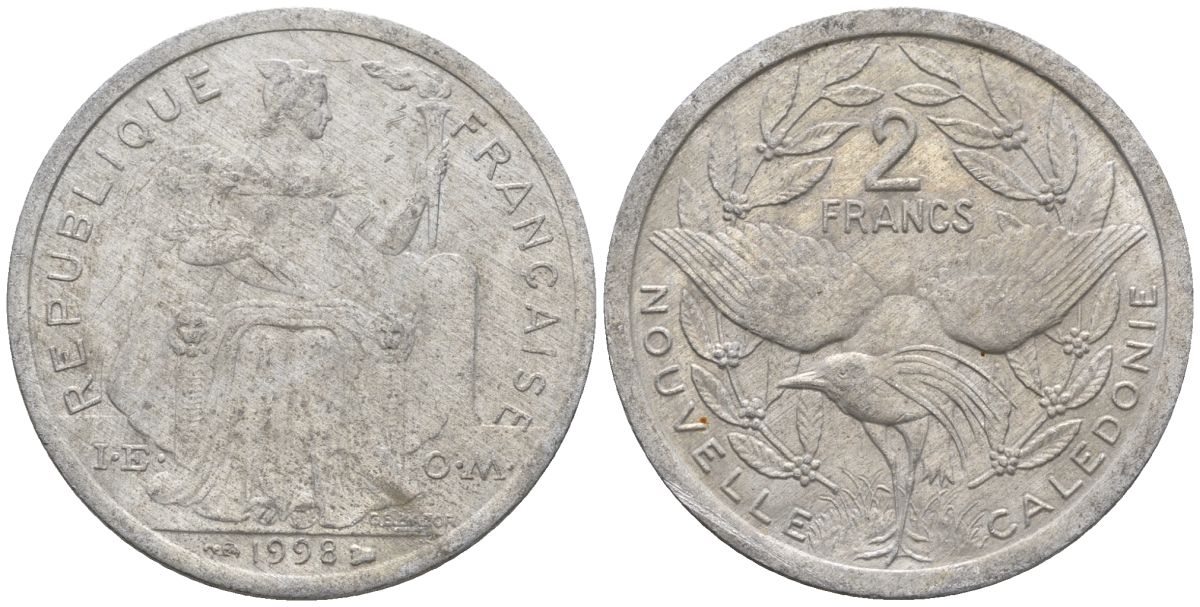 Французская Новая Каледония 2 франка 1998 птица кагу, (IEOM) KM 14, Schoen 11, Lec 68c алюминий    25-156