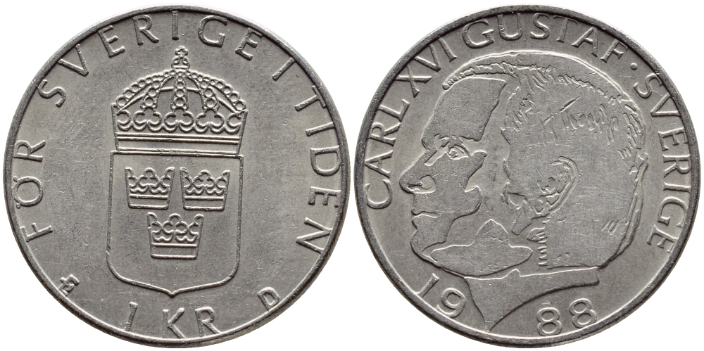 Швеция 1 крона 1988 Карл XVI Густав (1973- ) KM 852a медно-никель 4397-1231