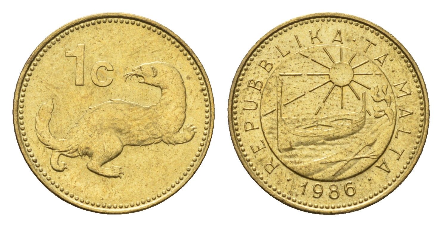 Мальта 1 цент 1986 год-тип, Ласка, горностай KM 78 никель латунь UNC 39-246