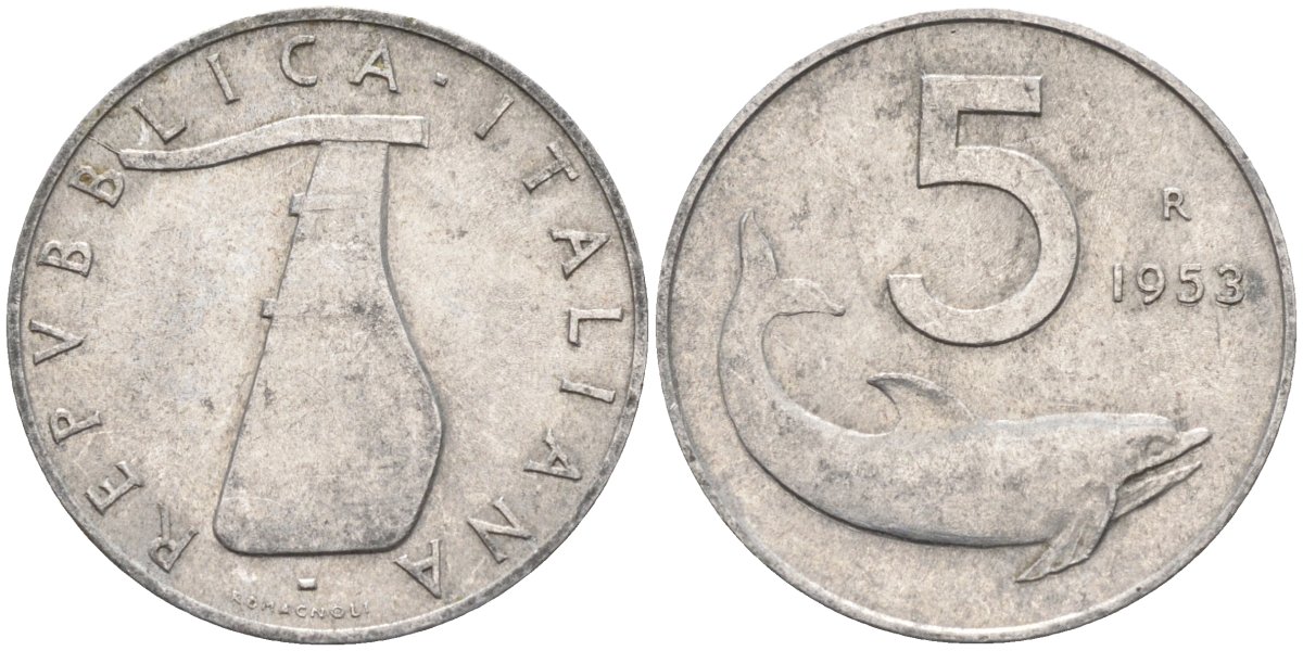Италия 5 лир 1953 R, дельфин, плуг KM 92 алюминий 188-1163