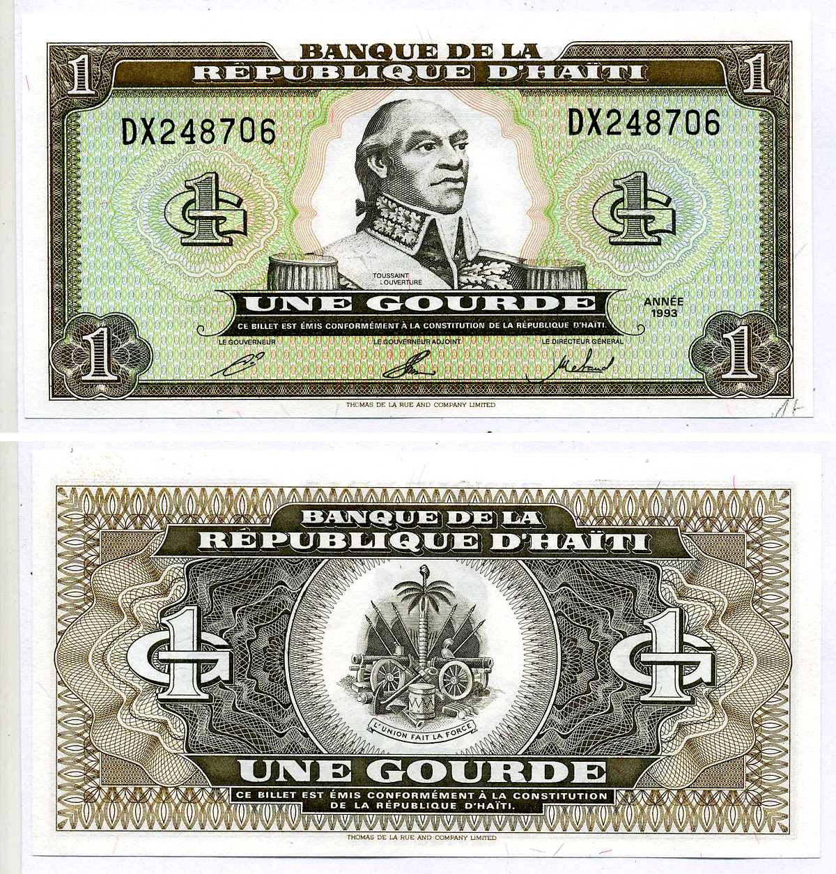 Гаити 1 гурд 1993 ФРАНСУА ДОМИНИК ТОУССАИНТ ЛОУВЕНТУРЕ, USBC Pick Pick 259а бумага UNC (пресс) 2197-25-1-2