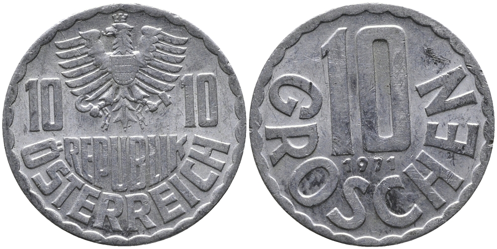 АВСТРИЯ 10 ГРОШЕЙ 1971 KM 2878 алюминий 33-332