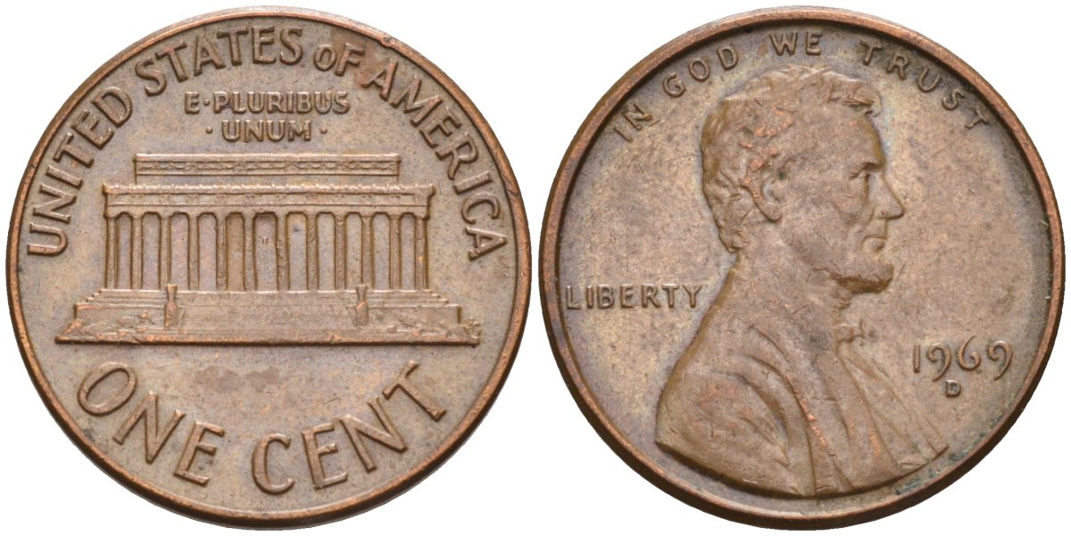 США 1 цент 1969 D, Линкольн KM 201 медь цинк 4115-848