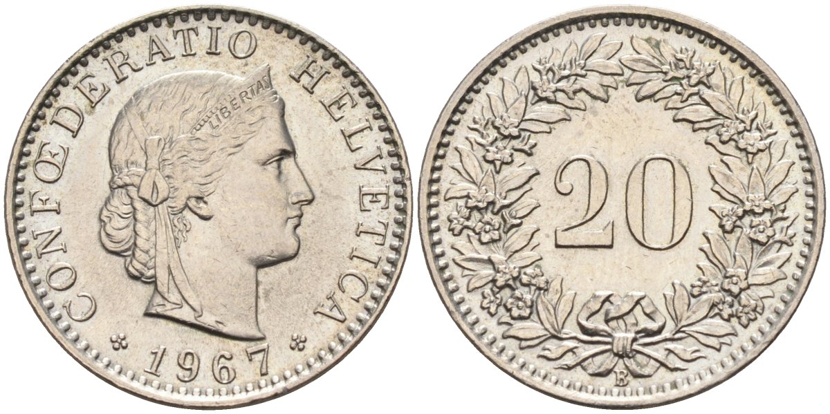 Швейцария 20 раппенов 1967 В KM 29а медно-никель 4585-1067