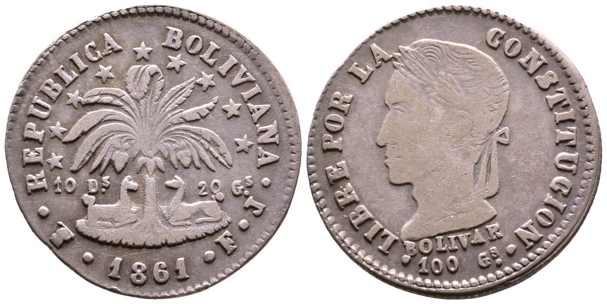 Боливия 2 соля 1861 FJ KM 135.2 серебро 4178-1241
