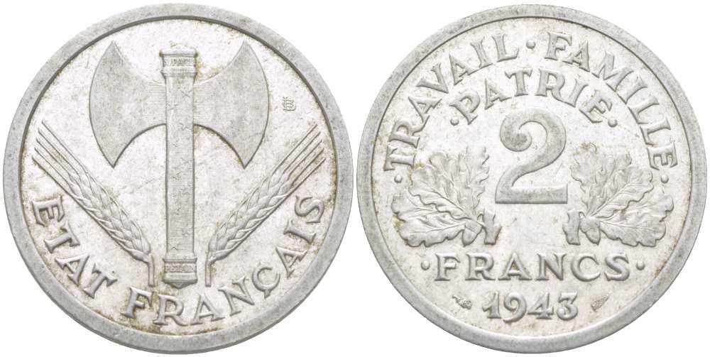 Франция 2 франка 1943 правительство Виши KM 904.1, LE FRANC 270.2 алюминий 215-521
