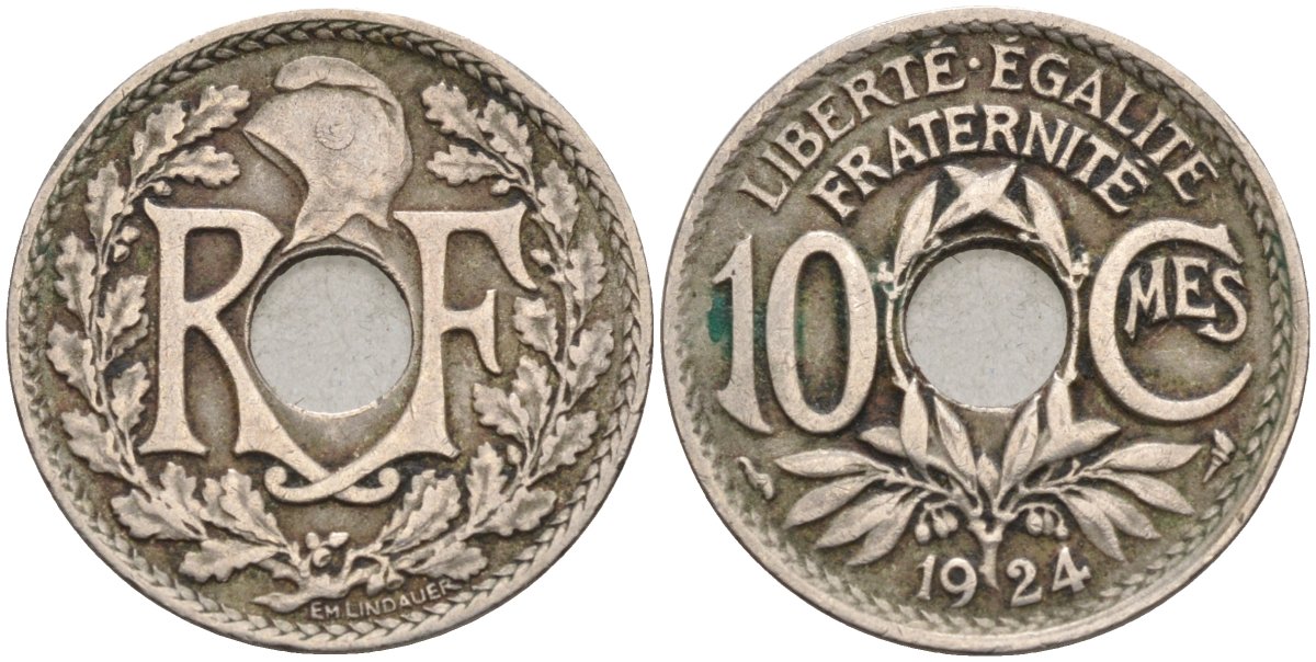 Франция 10 сантимов 1924 (tb), тип Lindauer, редкая KM 866а, Le Franc 138.11 медно-никель 4584-357