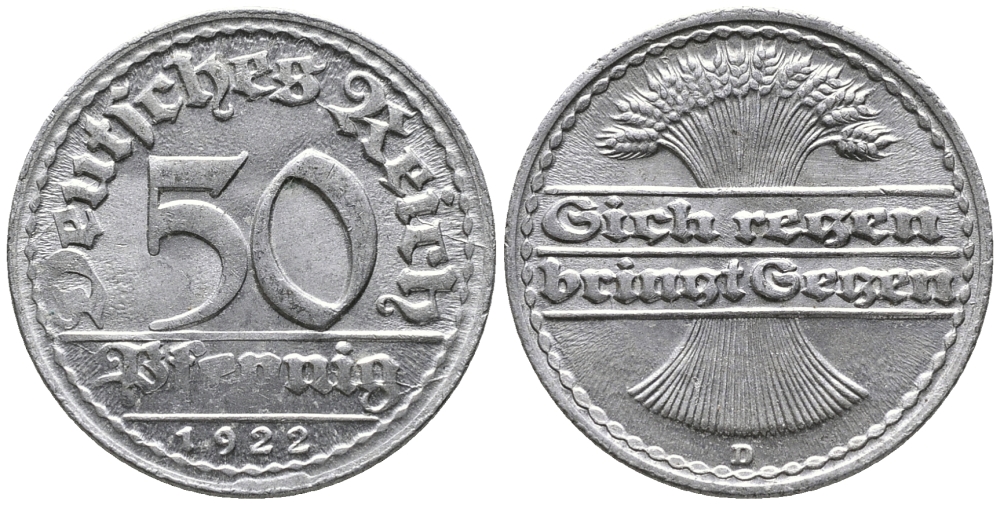 ГЕРМАНИЯ 50 ПФЕННИГОВ 1922 D KM 27, J. 301 алюминий 24-1054