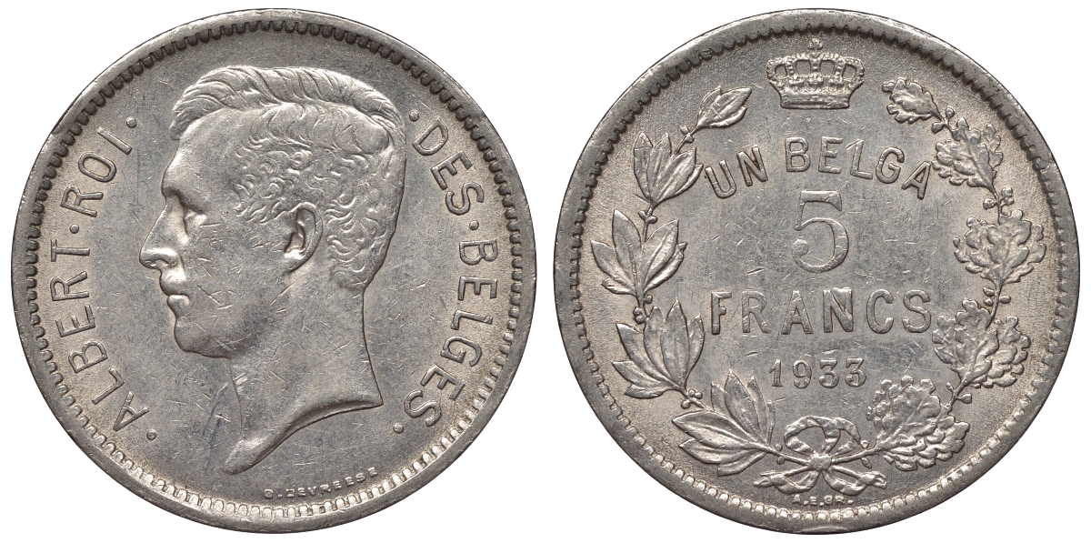 Бельгия 5 франков 1933 Belges KM 97.1 никель 1531-341