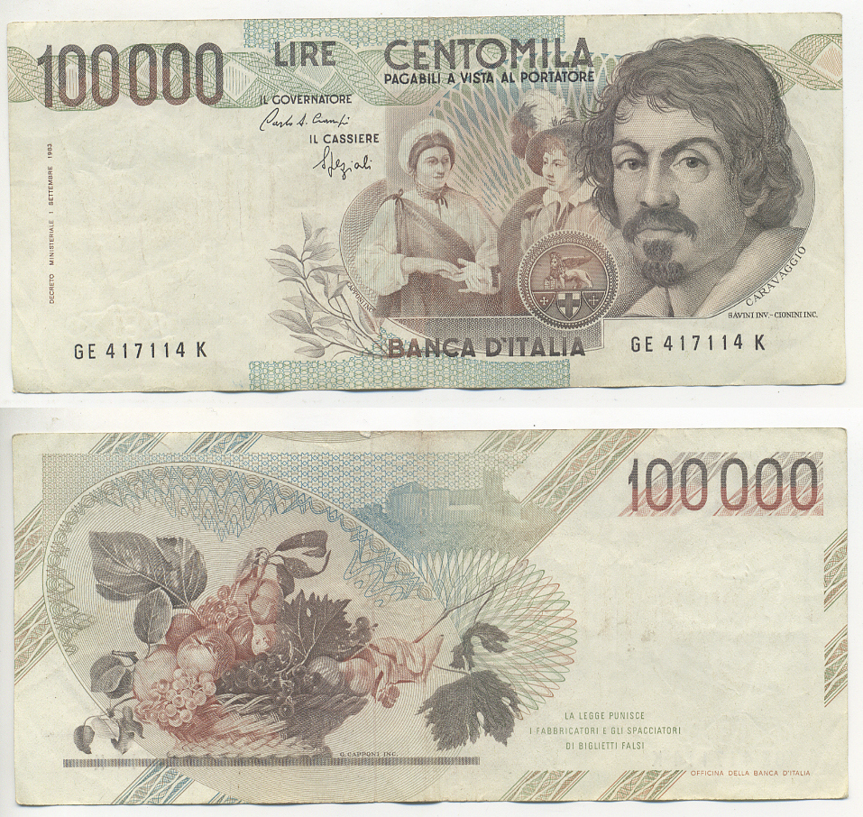 Италия 100000 лир 1983 Караваджо, фруктовый букет, подпись Speziali Pick 110b бумага 7220-13-1