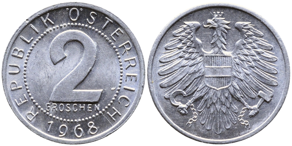 АВСТРИЯ 2 ГРОША 1968 KM 2876 алюминий 4387-713