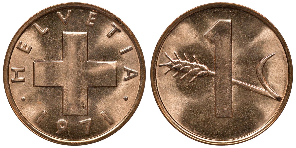 Швейцария 1 раппен 1971 KM 46 бронза UNC M53-18