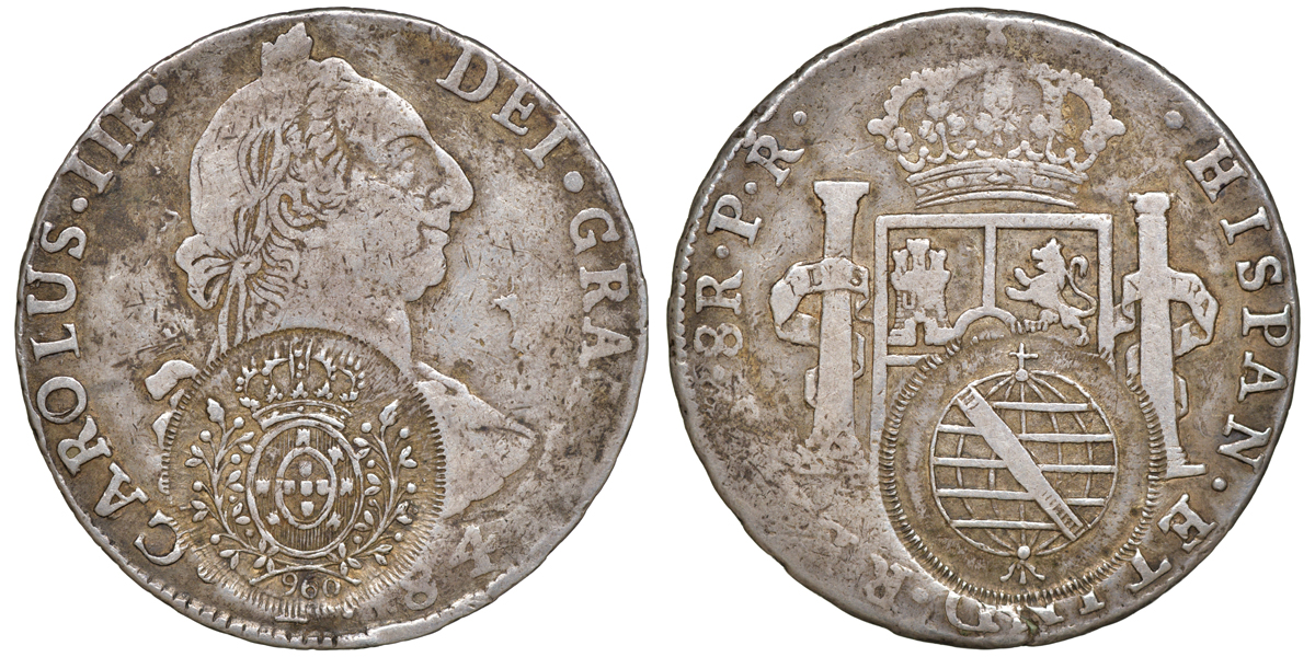 Бразилия 960 рейсов ND (1808) надчеканка на монете 8 реалов 1784 (Боливия) KM 240 серебро 10-014-06