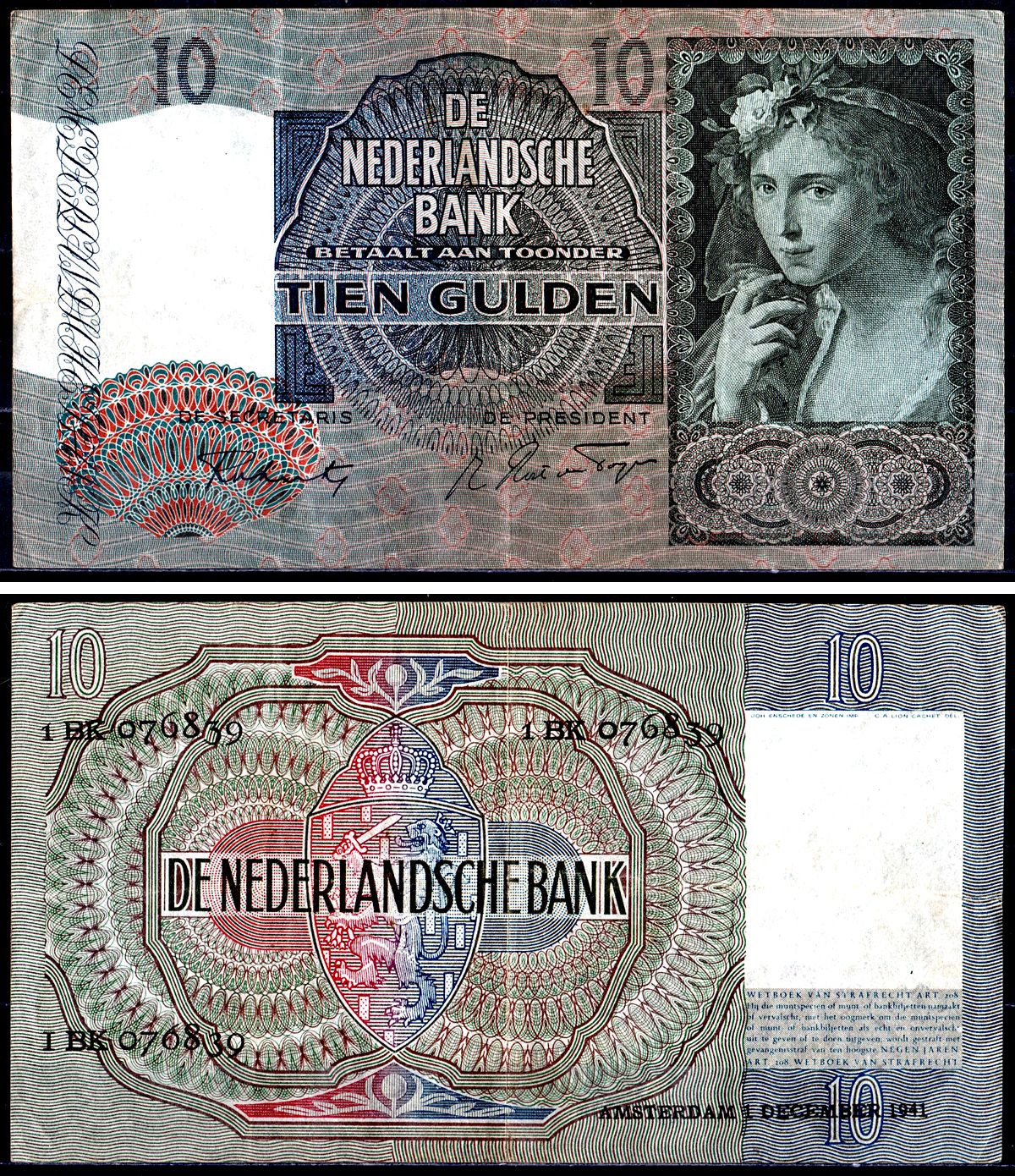 Нидерланды 10 гульденов 1941 Pick 56 b бумага 7551-37-2-2