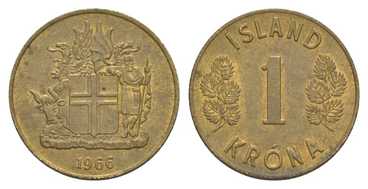 Исландия 1 крона 1966 KM 12a никель латунь aUNC 4633-1243