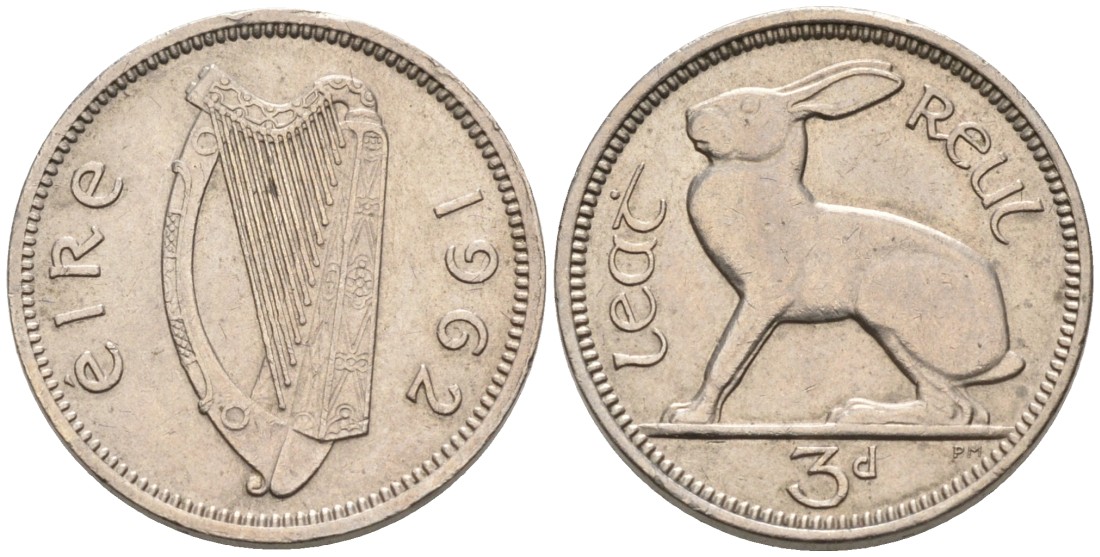 Ирландия 3 пенса 1962 заяц KM 12а медно-никель 92-233